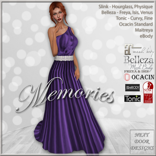 Memories Gown Satin Purple: Belleza Venus Isis Freya, Maitreya, Slink Hourglass Physique, Tonic Curvy Fine, eBody