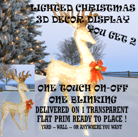 LIGHTED CHRISTMAS DISPLAY CRYSTAL REINDEER HOME YARD or WALL DECOR both sides on 1 Transparent Prim hang ready! Copy-Mod
