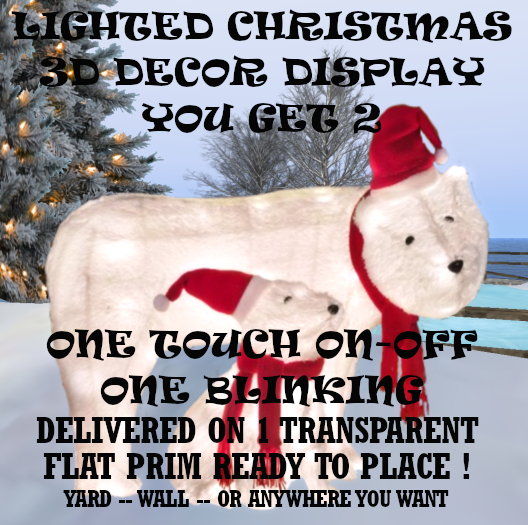 LIGHTED CHRISTMAS DISPLAY POLAR BEAR-BABY HOME YARD or WALL DECOR both sides on 1 Transparent Prim hang ready! Copy-Mod
