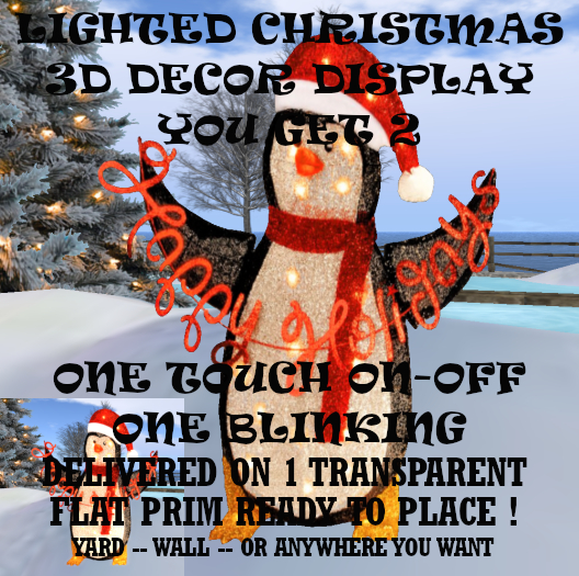 LIGHTED CHRISTMAS DISPLAY TINSEL PENGUIN HOME YARD or WALL DECOR both sides on 1 Transparent Prim hang ready! Copy-Mod