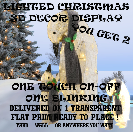LIGHTED CHRISTMAS DISPLAY PENGUIN & BABY HOME YARD or WALL DECOR both sides on 1 Transparent Prim hang ready! Copy-Mod