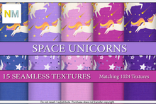 Space Unicorns Matching Kit 15 Seamless Textures NM Pink Purple Blue Fabrics Stars Meteor Planets