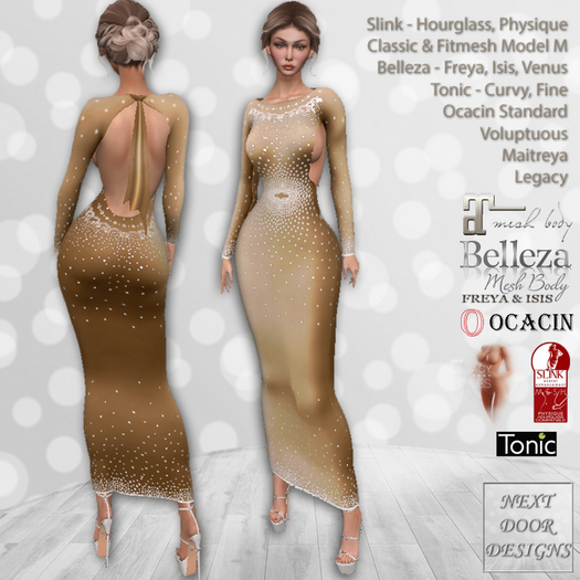 Celebrate Gown Gold: Belleza Venus Isis Freya, Maitreya, Legacy, Slink Hourglass Physique, Tonic Curvy Fine, Ocacin