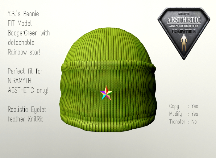 Y.B.'s  FIT BEANIE BOOGER GREEN EYELET WITH RAINBOW STAR