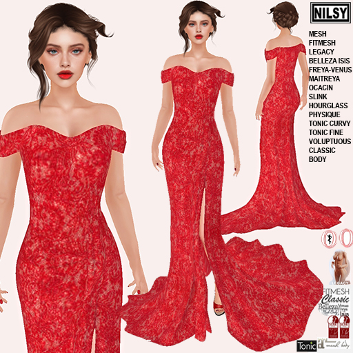 OFFSHOULDER,SIDE SLIT, RED GOWN,CL&MESH BODY