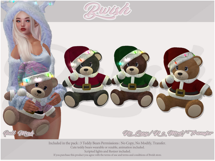 BWish - Santa Teddy Bears 3 Colors Mesh