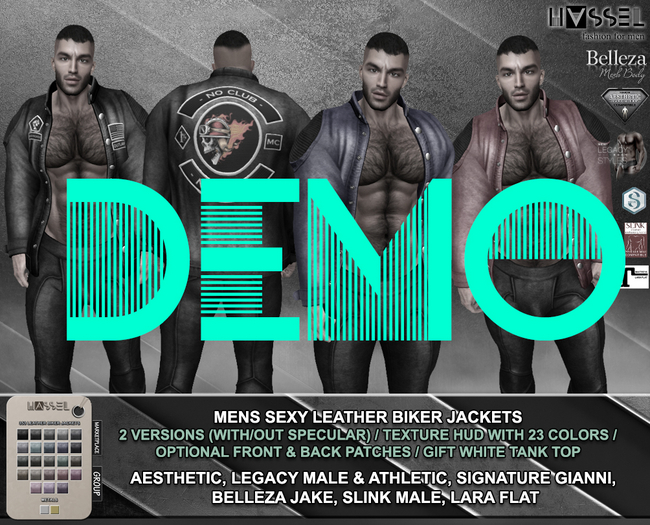 (HASSEL) DEMO LEATHER BIKER JACKETS 353 AESTHETIC, LEGACY MALE & ATHLETIC, GIANNI, BELLEZA JAKE, SLINK, LARA FLAT