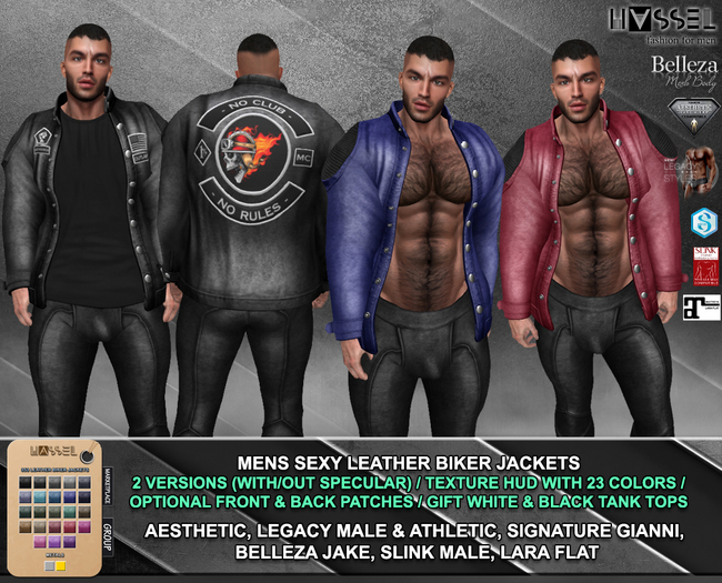 (HASSEL) PACK MENS LEATHER BIKER JACKETS 353 AESTHETIC, LEGACY MALE & ATHLETIC, GIANNI, BELLEZA JAKE, SLINK, LARA FLAT
