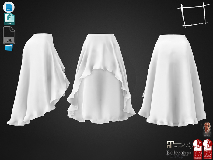 Dae Obj FBX For Long Back Ruffled Trim Edges Skirk Maitreya, Slink (Physique,Hourglass), Belleza,Legacy