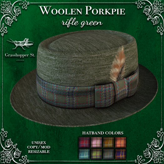 Grasshopper St Woolen Porkpie Hat - Rifle Green