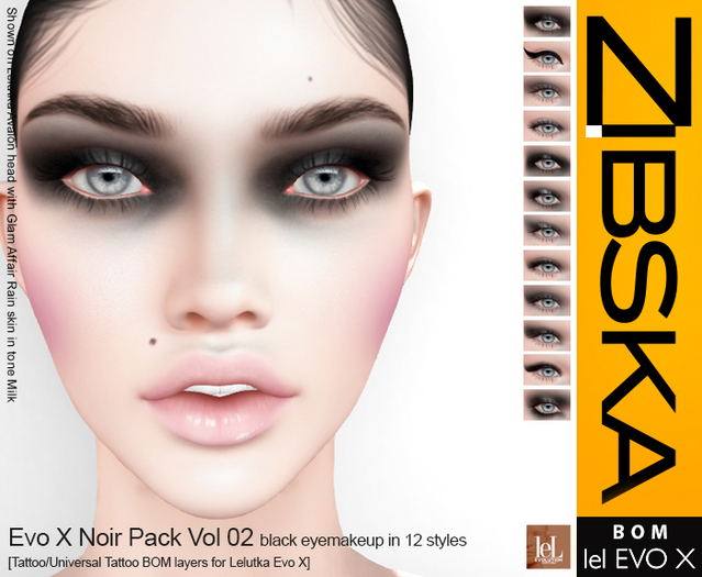 Zibska Evo X ~ Noir Pack Vol 02 Black Eyeshadow in 12 styles with tattoo and universal tattoo BOM layers