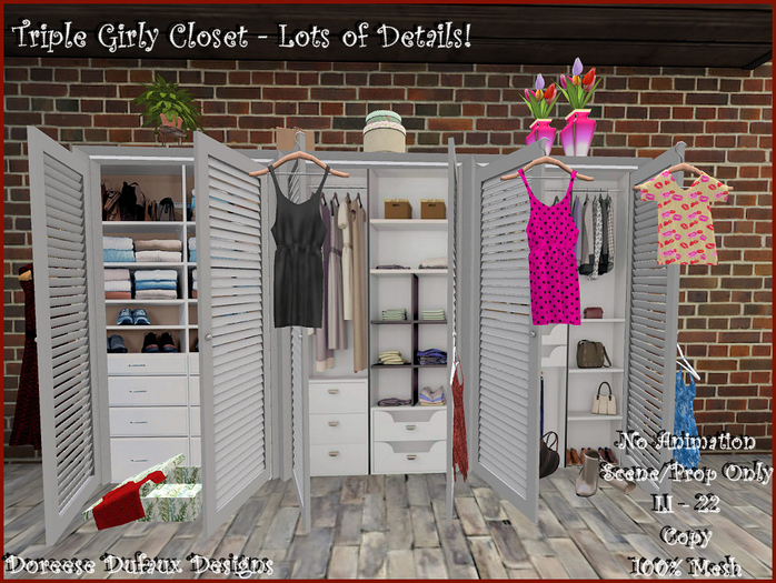 TRIPLE GIRLY CLOSET SCENE PROP LOTS OF DETAIL
