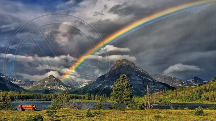 135 - Summer - Rainbow - Mountains - Dark Sky - Trees - Bench -  Grass - Land Divider - Privacy Screen
