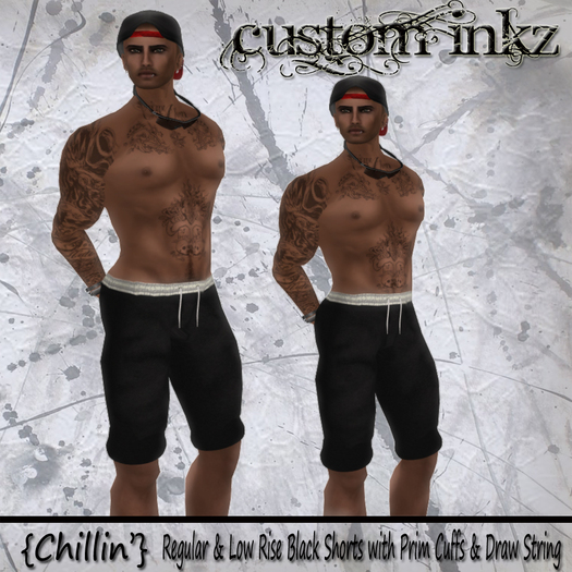 CUSTOM iNKZ   Chillin' - Men's Black Shorts (Reg & Low Rise Included) With Prim Cuffs & Drawstring
