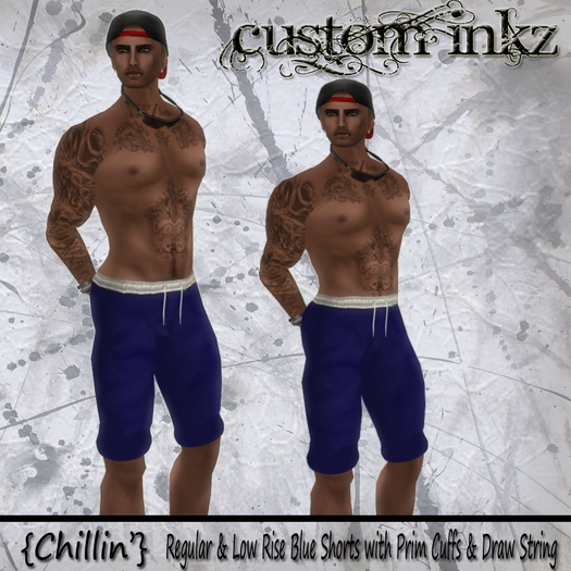 CUSTOM iNKZ   Chillin' - Men's Blue Shorts (Reg & Low Rise Included) With Prim Cuffs & Drawstring
