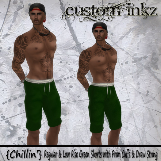 CUSTOM iNKZ   Chillin' - Men's Green Shorts (Reg & Low Rise Included) With Prim Cuffs & Drawstring 