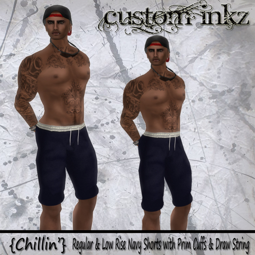 CUSTOM iNKZ   Chillin' - Men's Navy Shorts (Reg & Low Rise Included) With Prim Cuffs & Drawstring