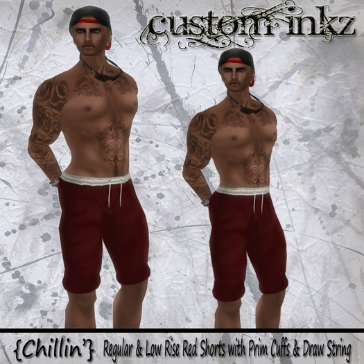CUSTOM iNKZ   Chillin' - Men's Red Shorts (Reg & Low Rise Included) With Prim Cuffs & Drawstring