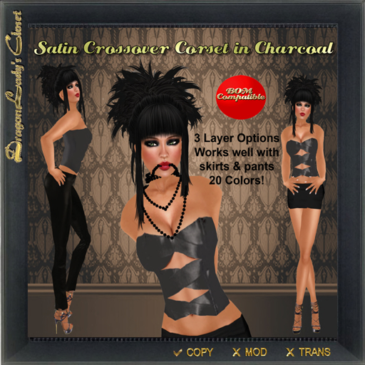 Satin Crossover Corset in Charcoal - BOM Compatable