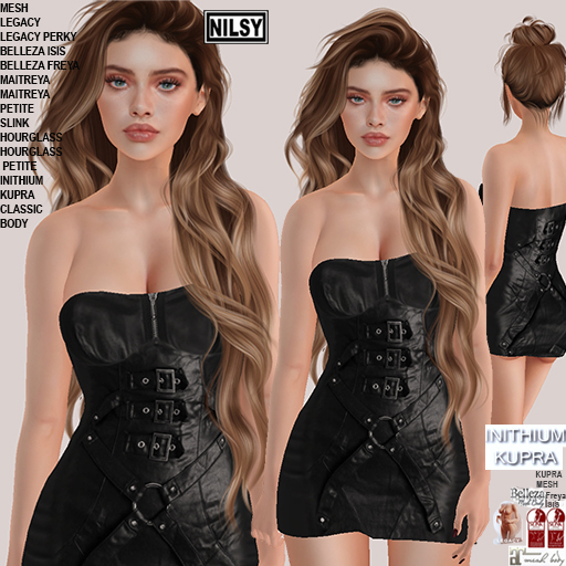 BUCKLED LEATHER DRESS,CL&MESH BODY