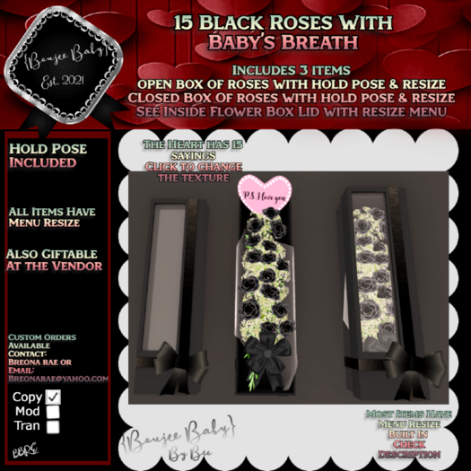 {Boujee Baby} 15 Black Roses W/Baby's Breath Bow Hold Pose BOX