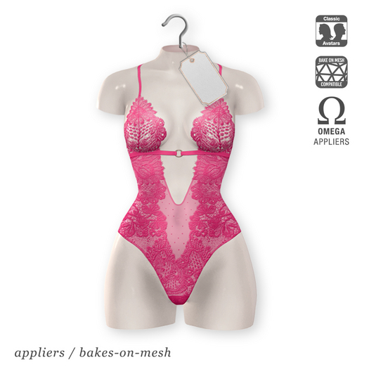 "Starlet" lace BOM bodysuit - 04 cerise hot pink | Appliers: Omega | Classic/Bakes-on-Mesh