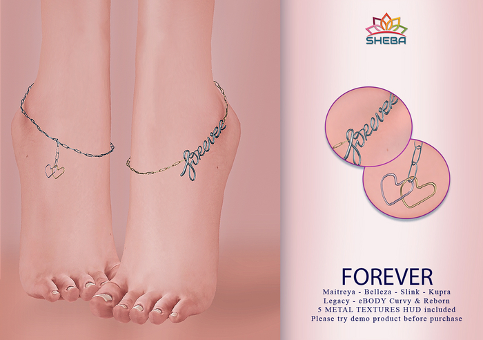 [Sheba] Forever Anklet (MAITREYA /BELLEZA /LEGACY /EBODY CURVY & REBORN /KUPRA  /SLINK) *Valentine's Day
