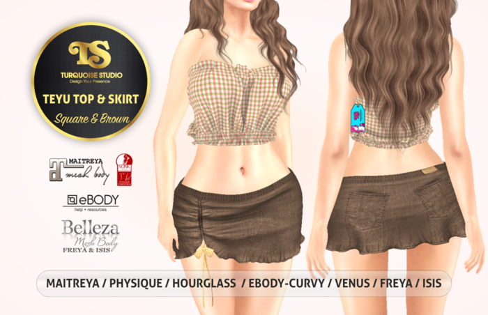 [TURQUOISE] TEYU TOP & SKIRT [SQUARE AND BROWN]