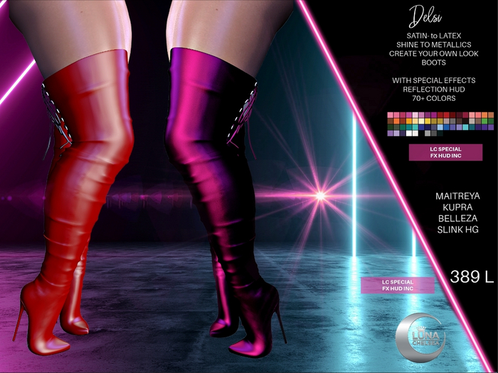 Delsi Thigh High Boots Special FX edition, Leather,latex, metallic, Kupra, Maitreya, Belleza, Slink 70+ colors