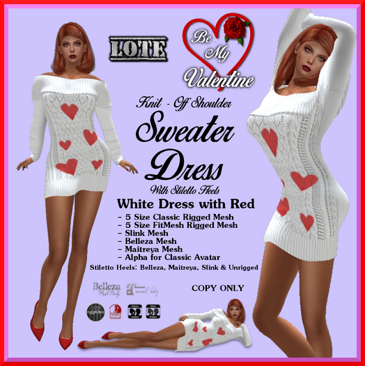 LOTE - Knit Off-Shoulder Valentine Sweater Dress - WHITE with Red