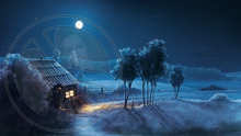 200 - Fantasy - Dark Landscape - Full Moon - Hills - Little Hut, Lights On - Trees - Land Divider - Privacy Screen