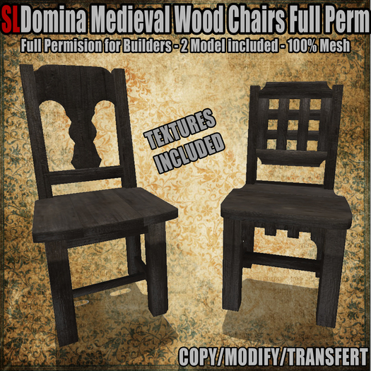 [FP] SLDomina Beautiful Medieval Mesh Chairs, 2 Models + 3D Textures, 100% Mesh Full Permission for Builders