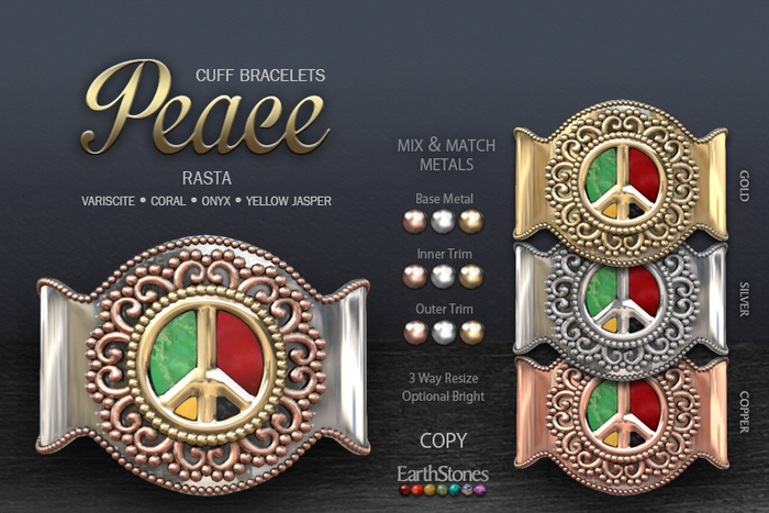 EarthStones Peace Cuff Bracelets ~ Rasta
