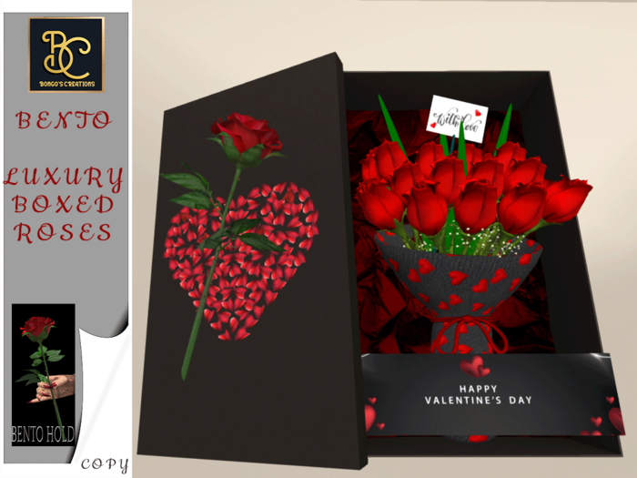 BMC3961 - BENTO - SPECIAL PRICE -  HAPPY VALENTINE'S DAY LUXURY BOXED ROSES - TOUCH FOR A SINGLE ROSE