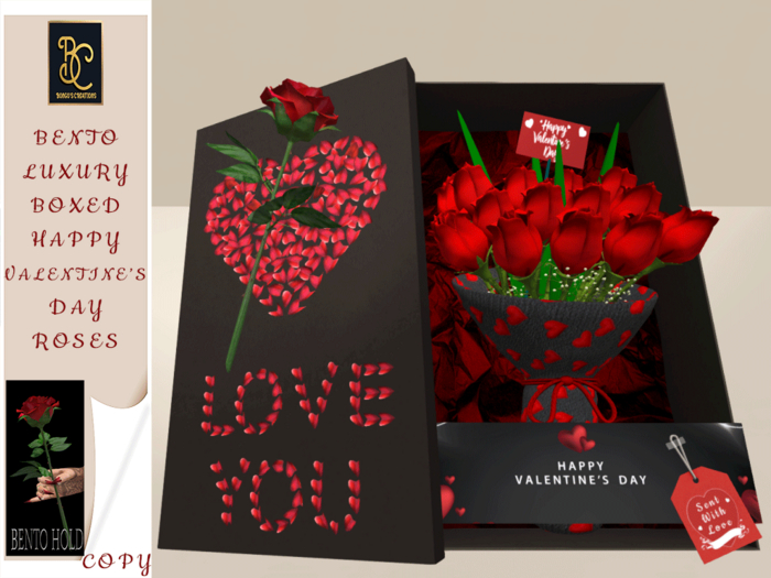 BMC3962 - BENTO SPECIAL PRICE HAPPY VALENTINE'S DAY LUXURY BOXED ROSES - TOUCH FOR A SINGLE ROSE
