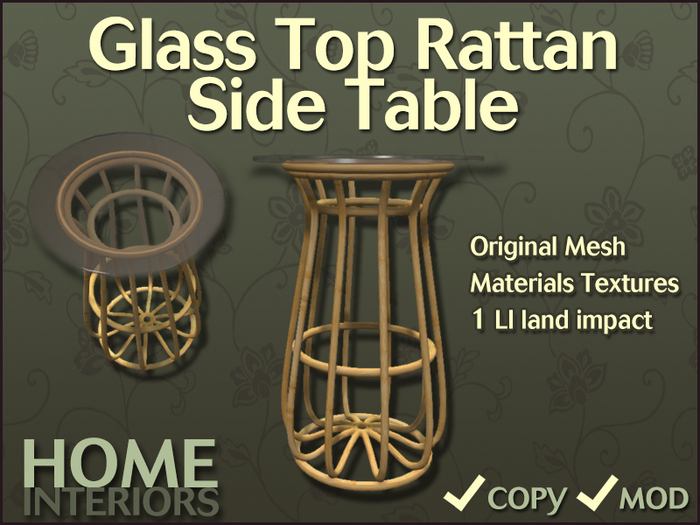 Home Interiors: Glass Top Rattan Side Table (BOXED)