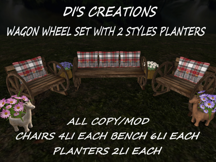 WAGON WHEEL SET WITH RED CUSHIONS