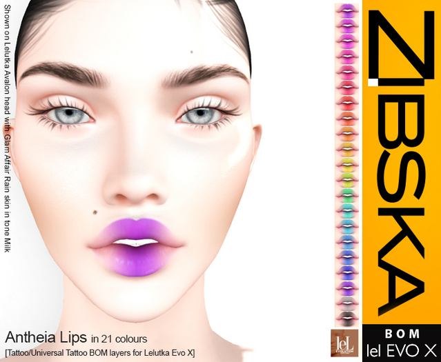 Zibska Evo X ~ Antheia Lips in 21 colors with tattoo and universal tattoo BOM layers