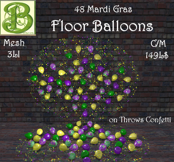 48 Mardi Gras Floor Balloons on Bead Confetti, 3LI