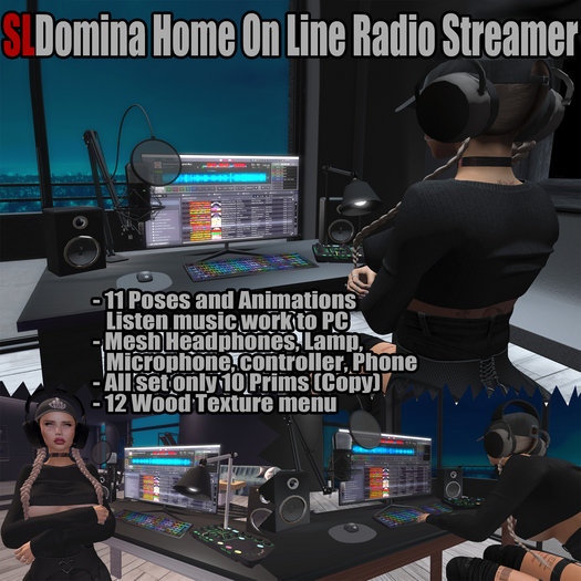 AUDIO - SLDomina Home Studio Radio DJ Streamer, 12 wood menu, 11 Bento Poses & Animations Listen music, Phone talk, Work