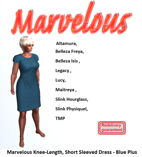 Marvelous Knee Length, Short Sleeve Dress- Blue Plus