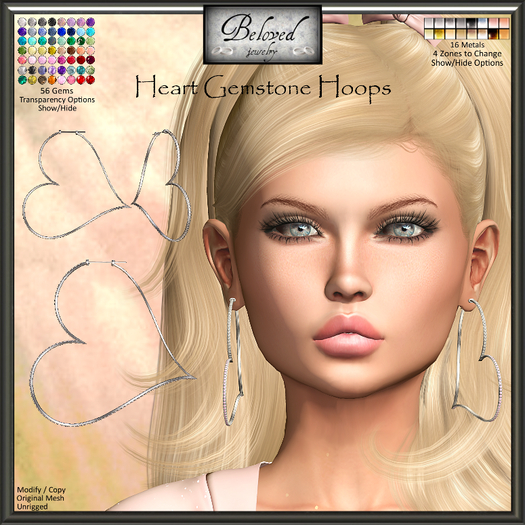 Beloved Jewelry : Heart Gemstone Hoop Earrings (Texture Change) Gold, Silver, Gems, Diamond, Valentine