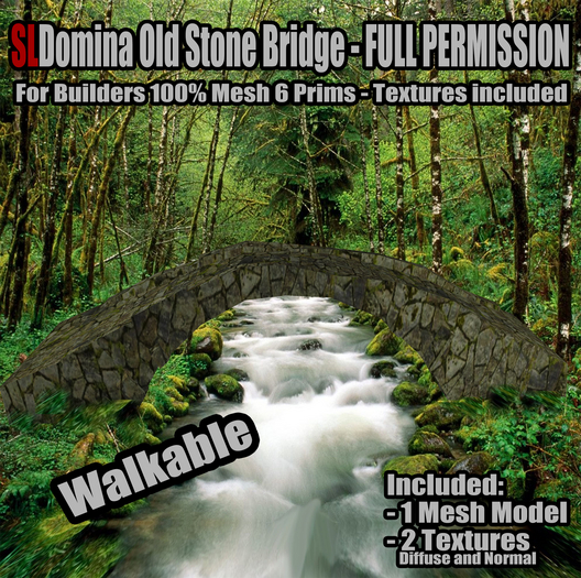 [FP] SLDomina Old Stone Bridge - Full Perm 6 Prims 3D Texture included - Roman Stone Bridge full Permission
