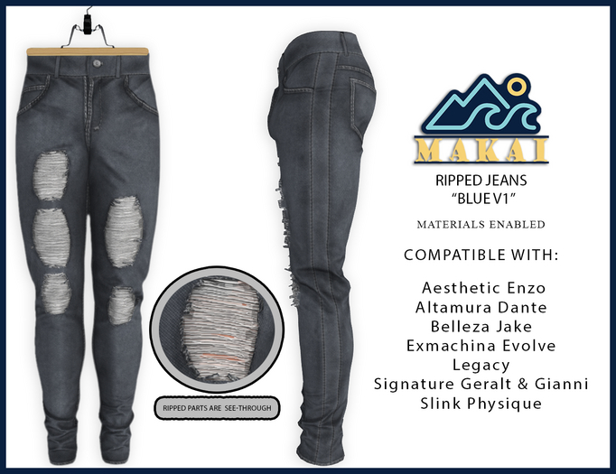 Makai Distressed Blue Jeans - Men's Ripped Denim Pants - Blue V1