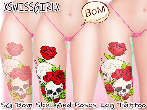 SG Bom Skull And Roses Leg Tattoo