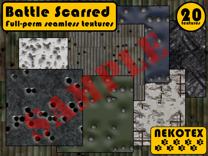 Battle Scarred Textures - 20 Full Perm repeating textures of bulletholes and other combat damage.