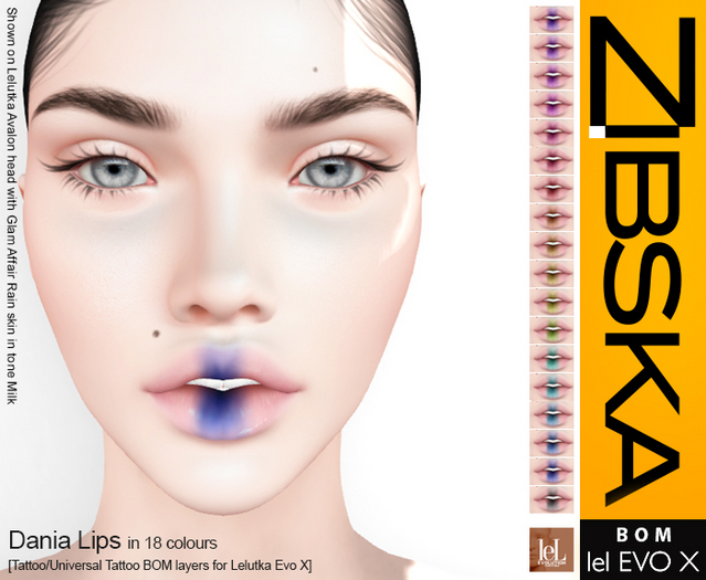 Zibska Evo X ~ Dania Lips in 18 colors with tattoo and universal tattoo BOM layers