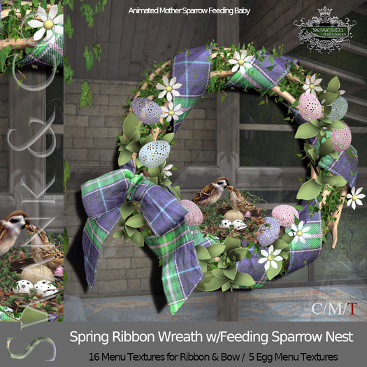 Swank & Co. Spring Ribbon Wreath w/Feeding Sparrow Nest (Box)