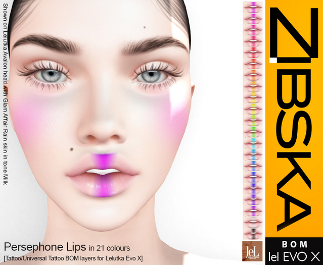 Zibska Evo X ~ Persephone Lips in 21 colors with tattoo and universal tattoo BOM layers