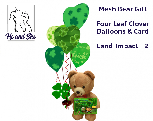 Happy St. Patrick's Day Mesh Teddy Bear with Balloons, Shamrock & Card **** Land Impact 2 * Promotional Promo Sale Price